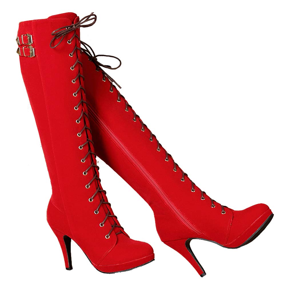 getmorebeauty Womens Knee High Boots Suede Buckle Rock Lace Up Zipped Thigh High Heel Boots