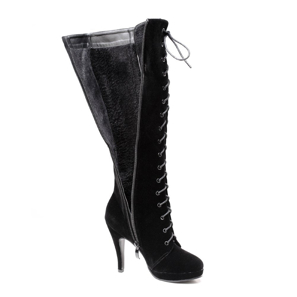 getmorebeauty Womens Knee High Boots Suede Buckle Rock Lace Up Zipped Thigh High Heel Boots