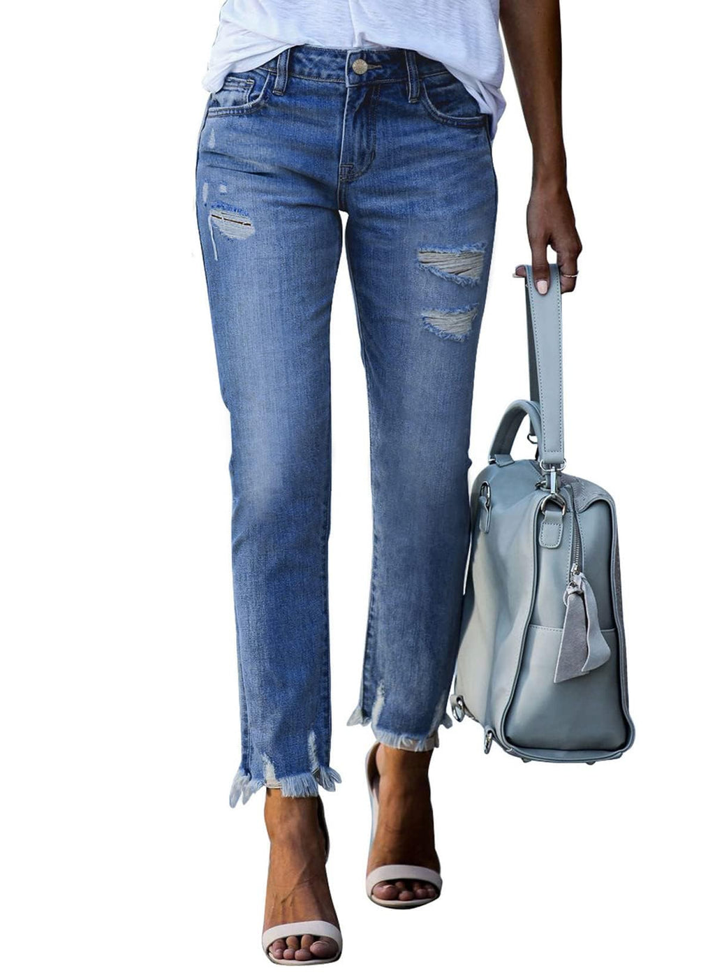 EVALESS Women's High Waisted Tummy Control Straight Ankle Ripped Jeans
