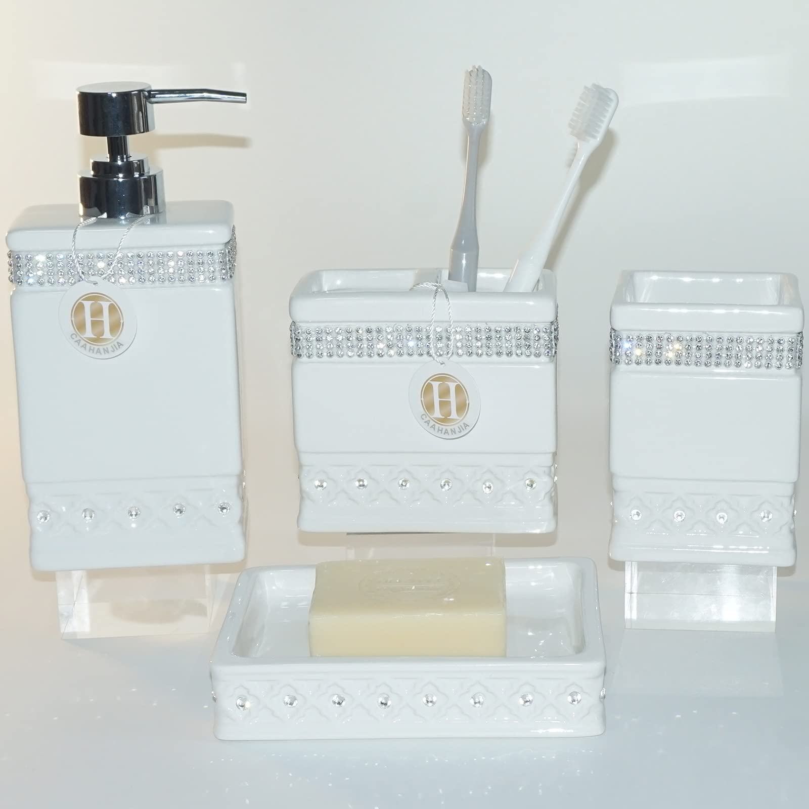 Bathroom Accessories Set 4 Pcs-Ceramic Gift Set Soap Dispenser Pump & Toothbrush Holder & Tumbler Cup & Soap Dish - Bathroom Home Decor Clearance, Countertop Vanity Organize (15 Ounce)