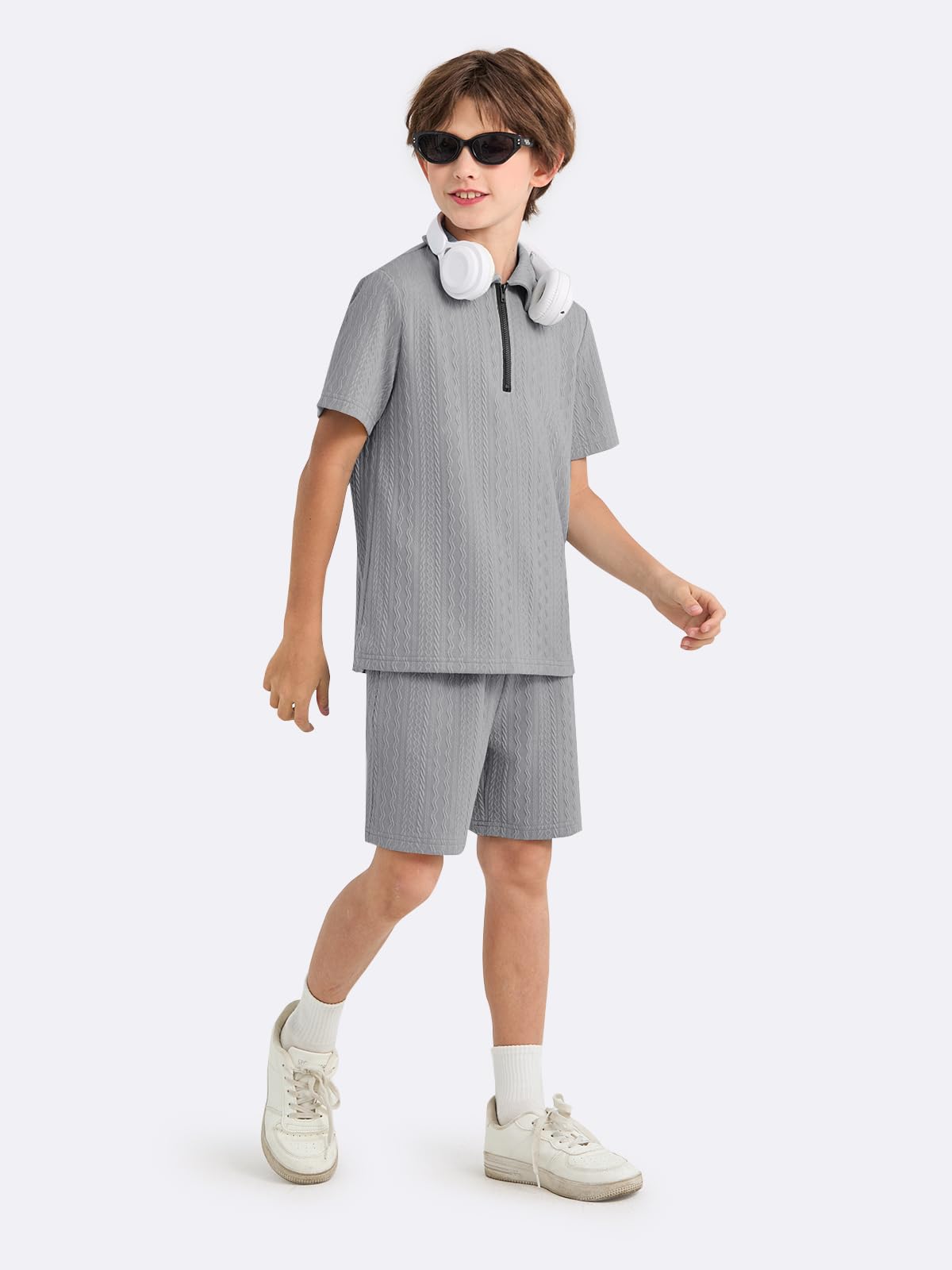 Haloumoning Boys 2 Piece Summer Outfits Kids Quarter Zip Polo Shirt and Shorts Set Athletic Tracksuit 5-14 Years