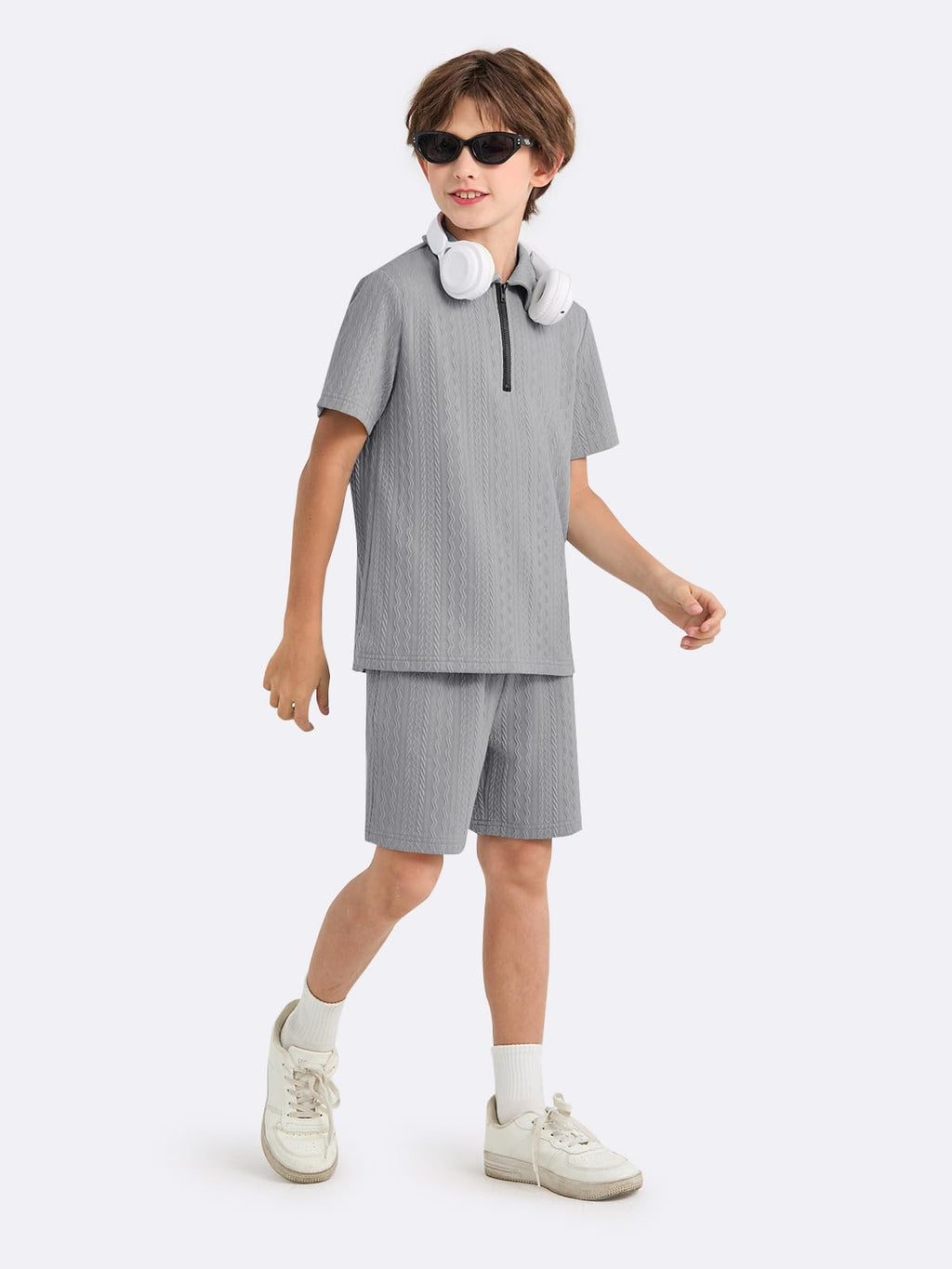 Haloumoning Boys 2 Piece Summer Outfits Kids Quarter Zip Polo Shirt and Shorts Set Athletic Tracksuit 5-14 Years