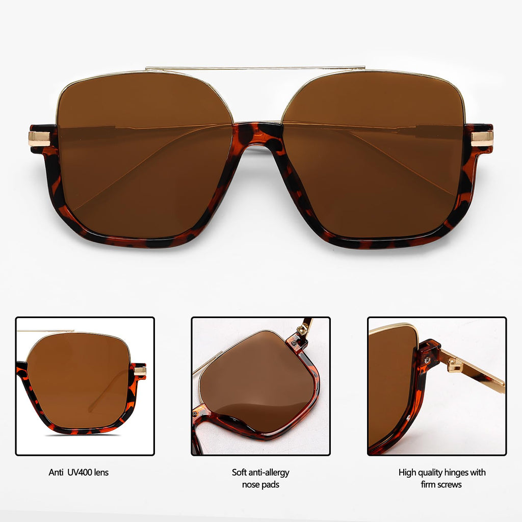 GUVIVI Retro Oversized Aviator Sunglasses for Women Men Square Double Bridge Pilot Sun Glasses 70s Trendy Shades