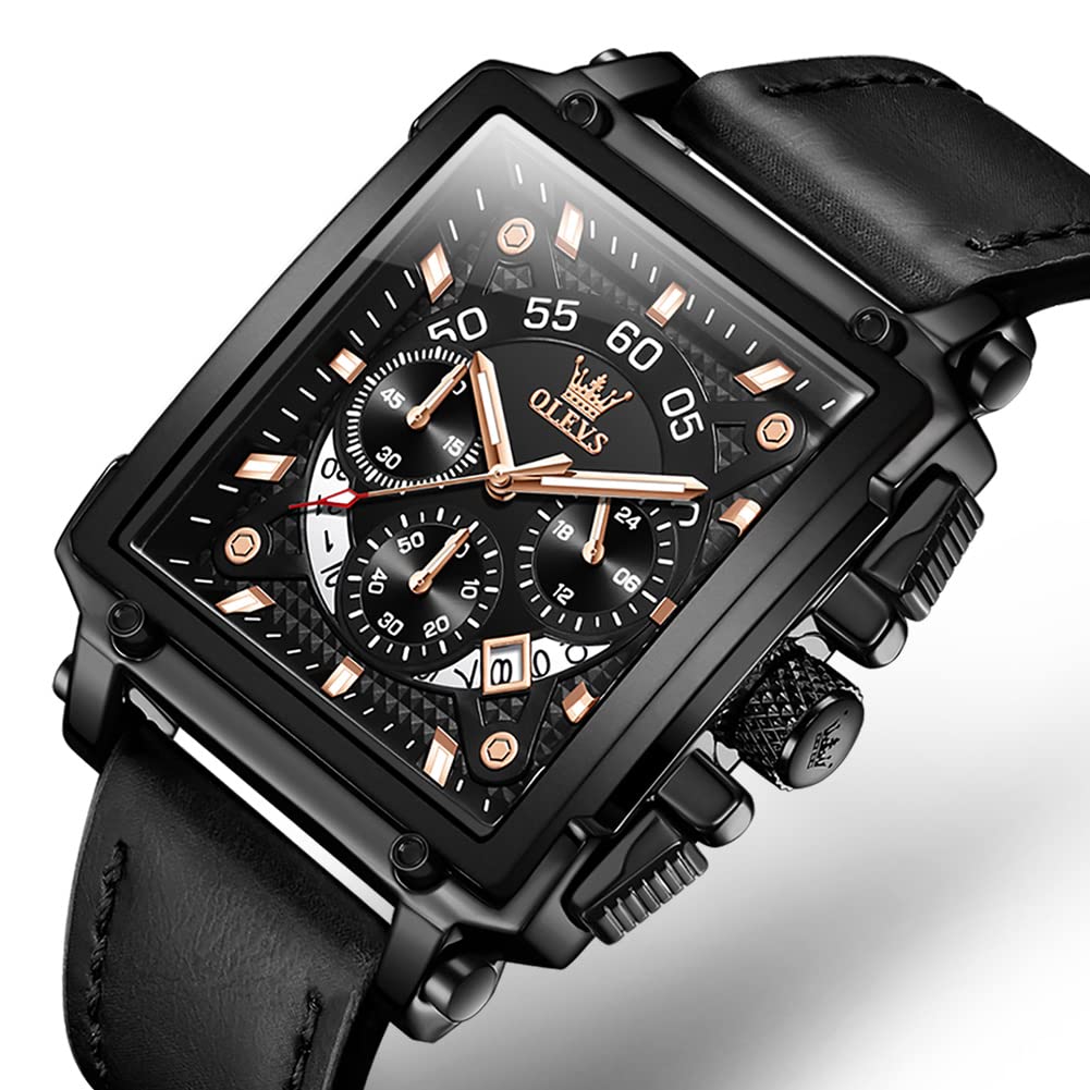 OLEVS Men's Casual Leather Watch, Big Face Chronograph Watch for Men, Fashion Easy to Read Dress Watch, Men's Waterproof Luminous Date Analog Watch, Gold/Black/White/Blue Dial