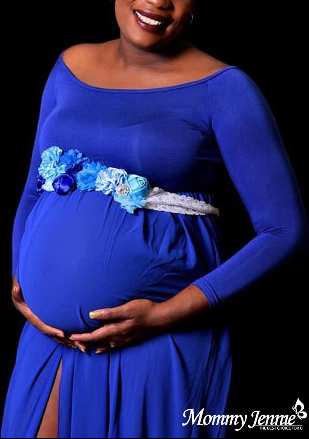 Mommy Jennie Maternity Dress Off Shoulder Long Sleeve Split Front Chiffon Gown for Photoshoot