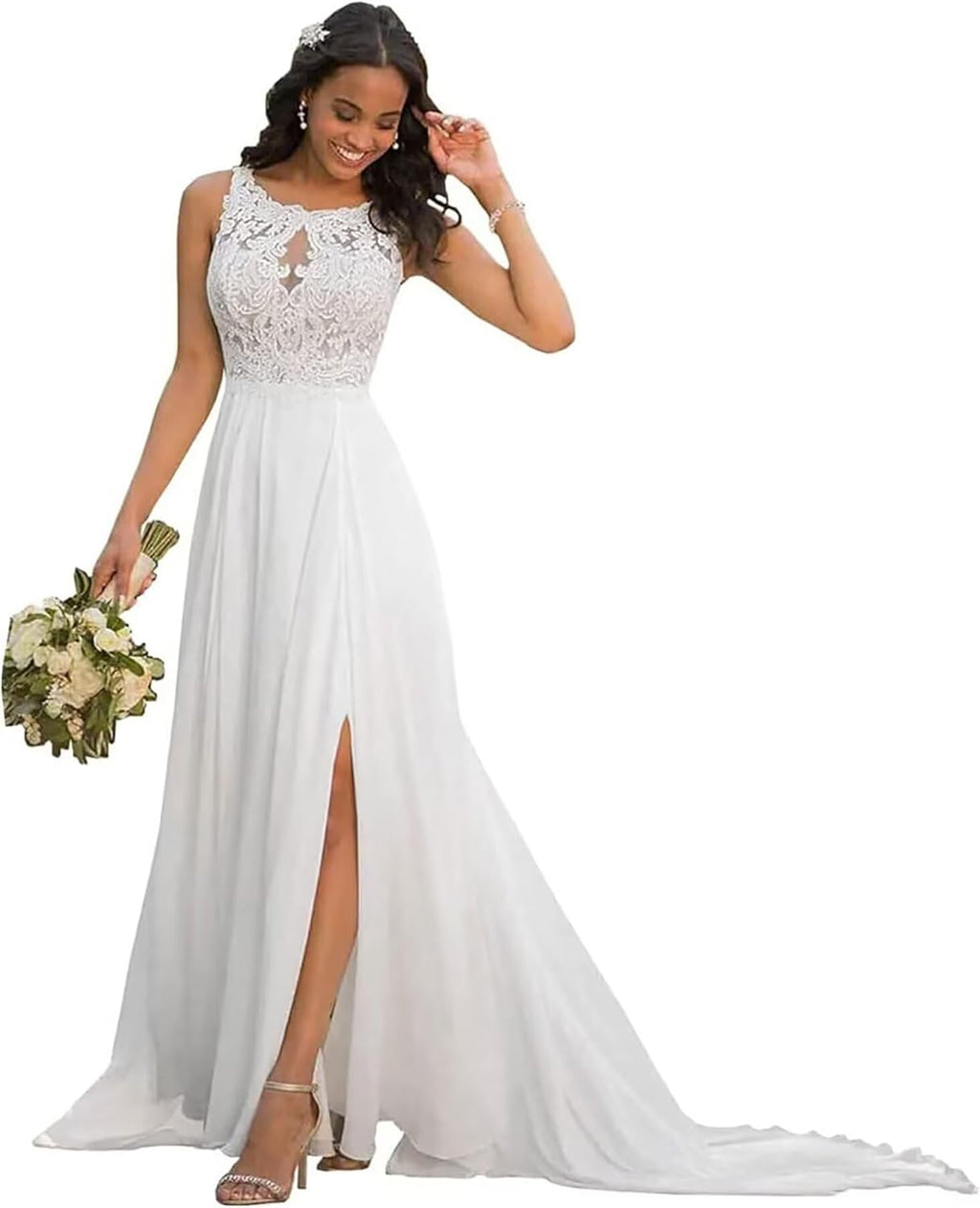 Lace Wedding Dresses for Bride Mermaid V Neck Boho Beach Bridal Gowns with Train BOF30