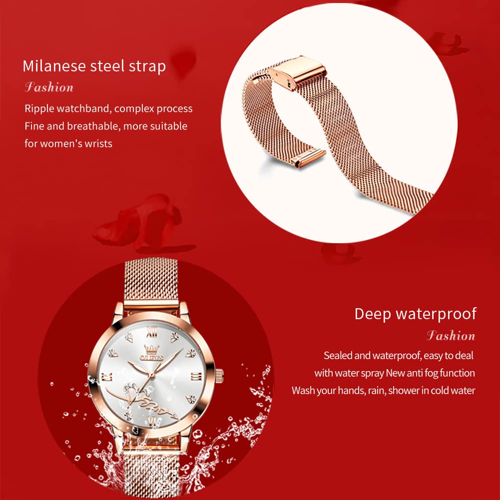 OLEVS Rose Gold Watch for Women Mesh Strap Fashion Dress Hearts Japanese Quartz Waterproof Luminous Ladies Watches Bracelet Sets