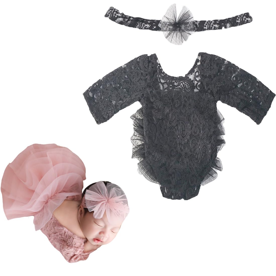 Newborn Photography Outfits Girl Baby Photography Props Lace Romper with Headress Newborn Outfits Girls Photo Props
