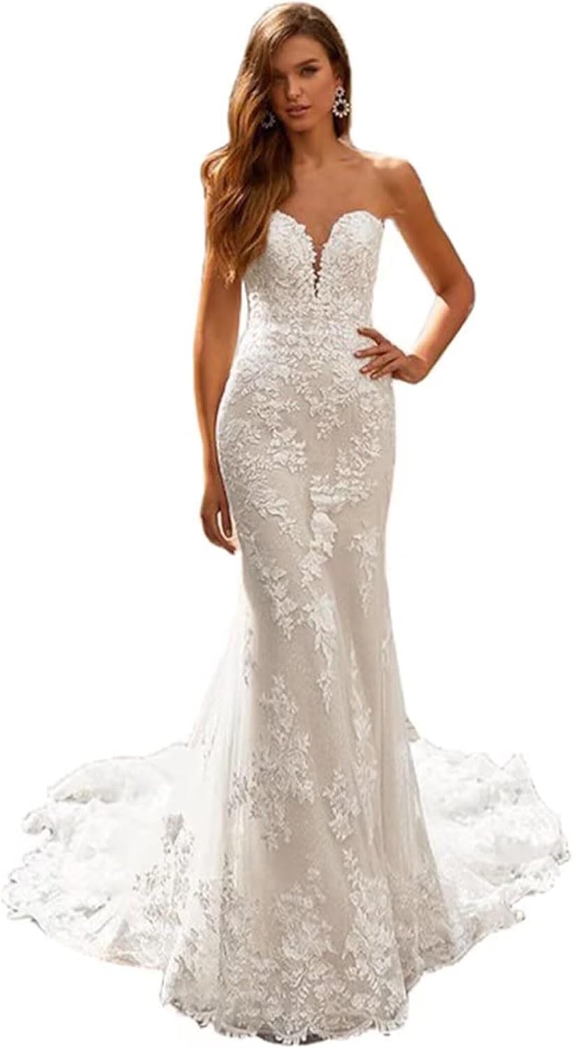Lace Wedding Dresses for Bride Mermaid V Neck Boho Beach Bridal Gowns with Train BOF30