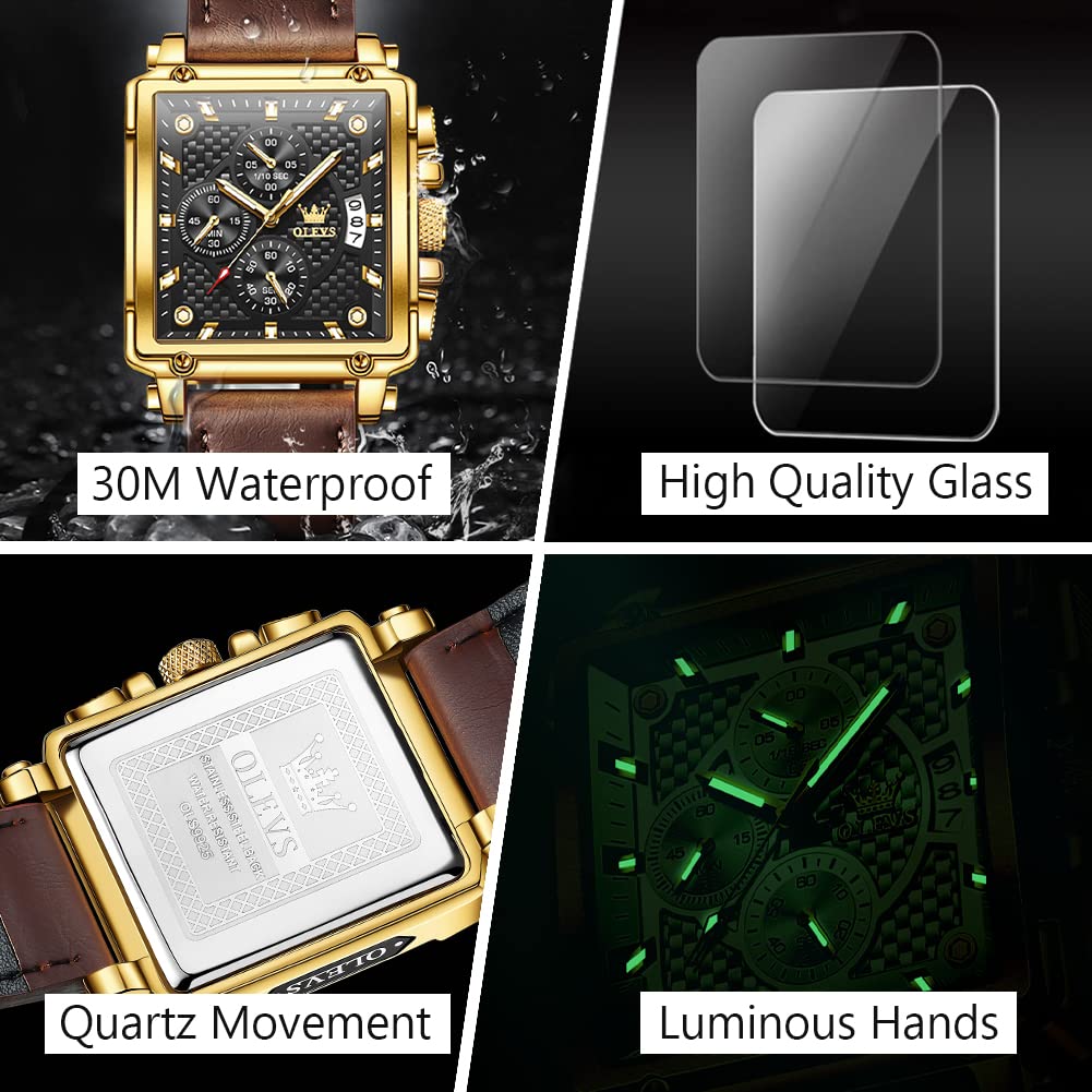 OLEVS Men's Casual Leather Watch, Big Face Chronograph Watch for Men, Fashion Easy to Read Dress Watch, Men's Waterproof Luminous Date Analog Watch, Gold/Black/White/Blue Dial