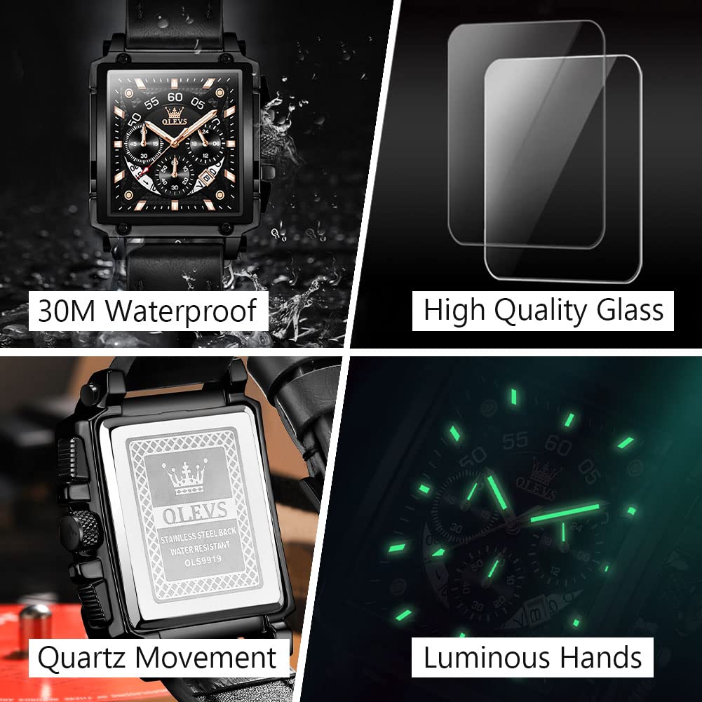 OLEVS Men's Casual Leather Watch, Big Face Chronograph Watch for Men, Fashion Easy to Read Dress Watch, Men's Waterproof Luminous Date Analog Watch, Gold/Black/White/Blue Dial