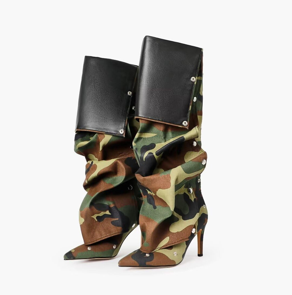 Women's Knee High Shark Boots Pointed Toe High Heels Ruched Stiletto Slouchy Party Boots Detachable Snap-off Panel