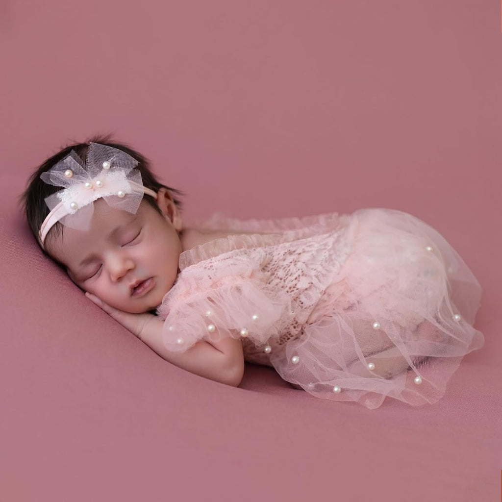 Newborn Lace Romper, 2 PCS Baby Girl Photography Props, Newborn Girl Photography Outfits with Flower Headband for Infants