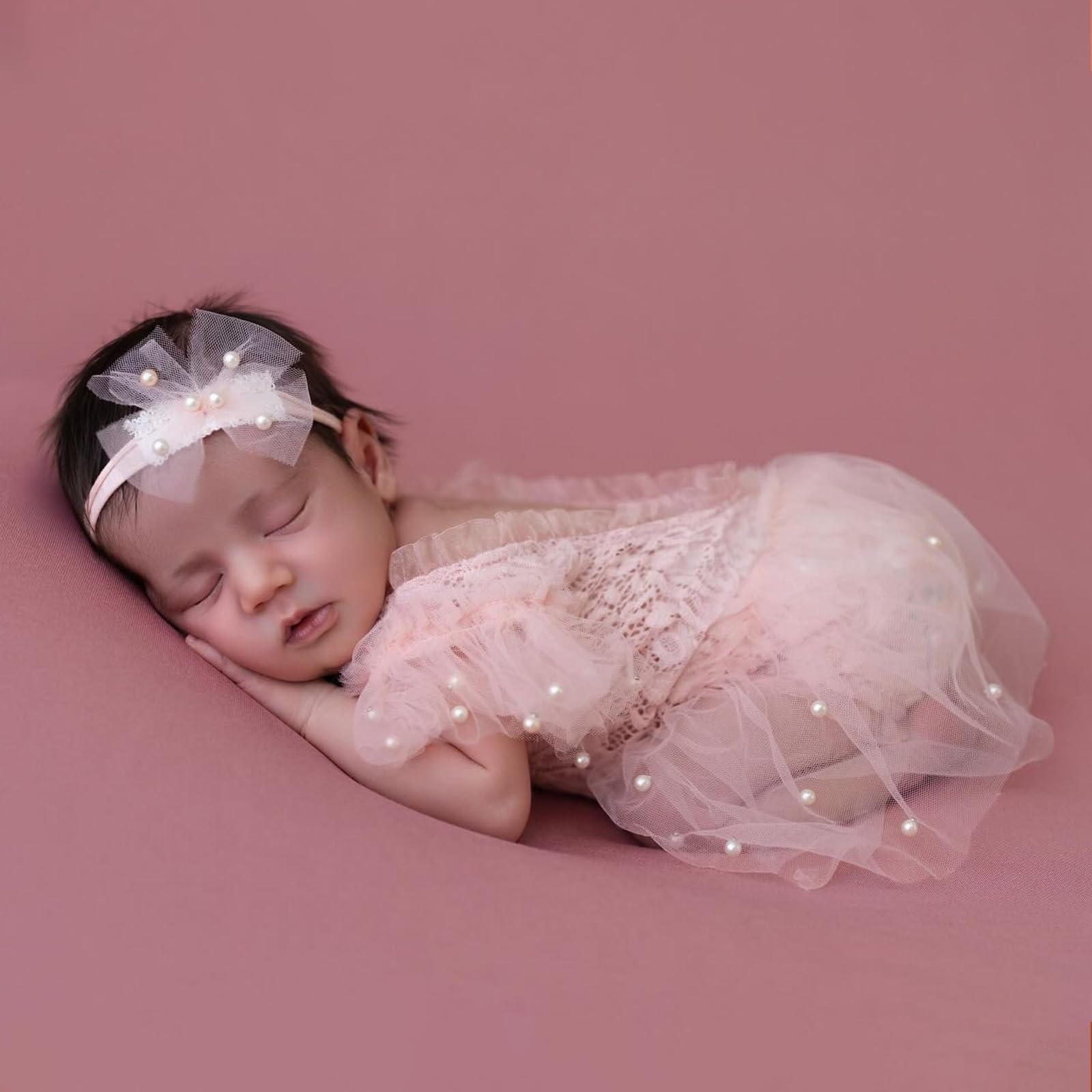 Newborn Lace Romper, 2 PCS Baby Girl Photography Props, Newborn Girl Photography Outfits with Flower Headband for Infants