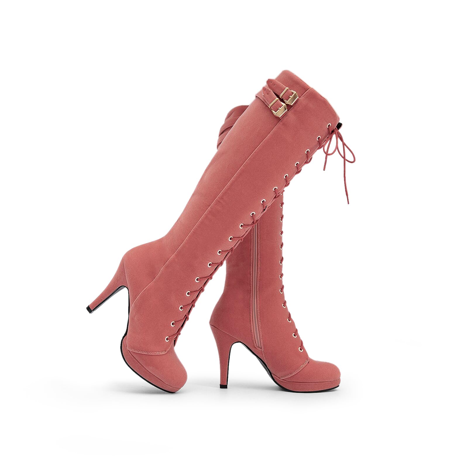 getmorebeauty Womens Knee High Boots Suede Buckle Rock Lace Up Zipped Thigh High Heel Boots