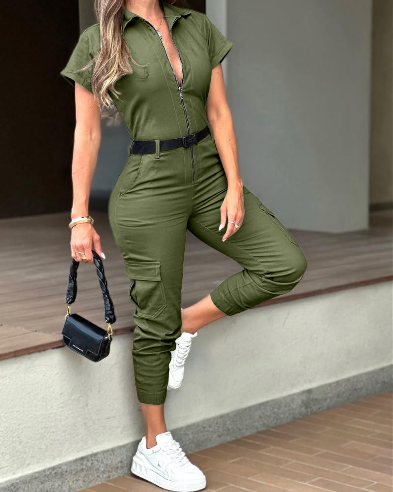 CHICME Women's Short Sleeve Jumpsuit Turn Down Collar Casual Zip Up Jumpsuits Pocket Design Cargo Romper