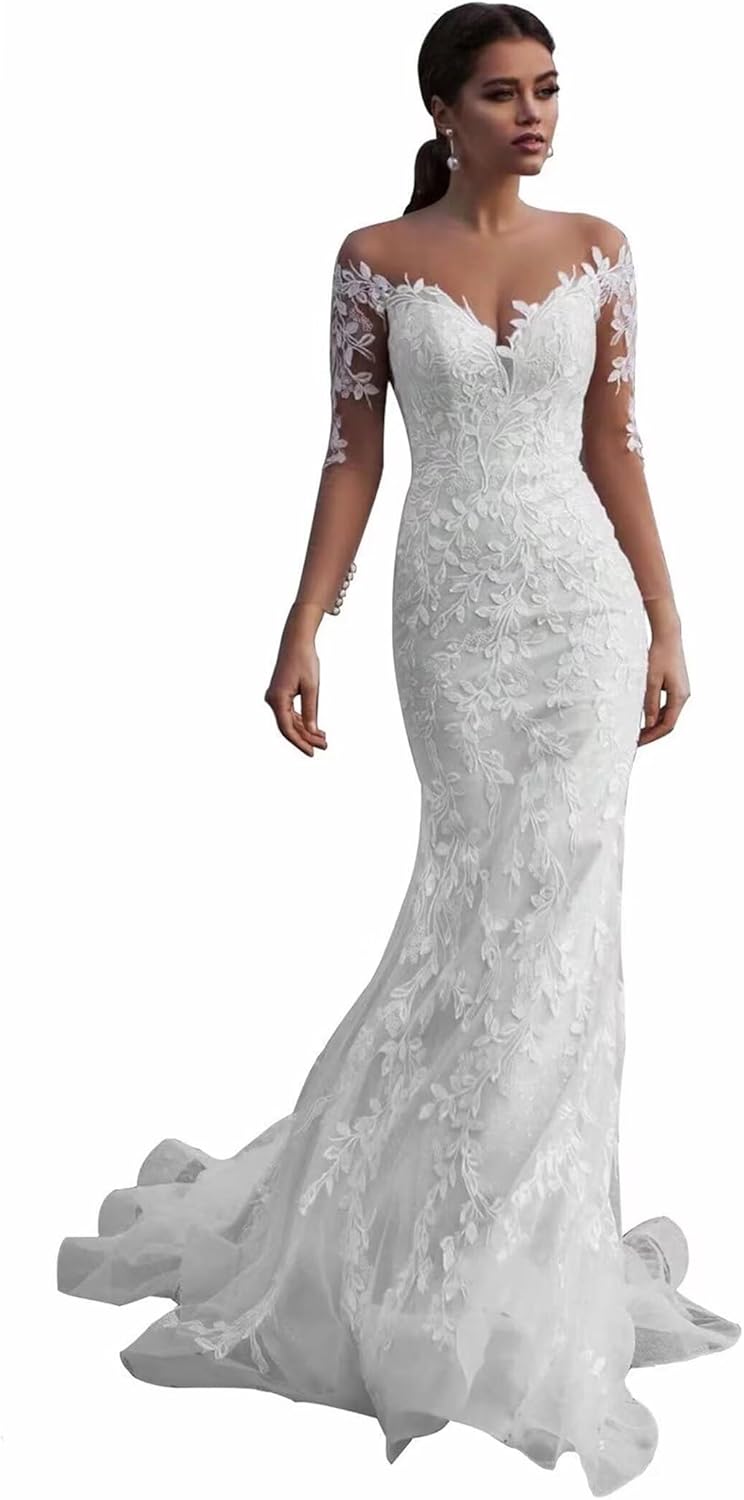 Lace Wedding Dresses for Bride Mermaid V Neck Boho Beach Bridal Gowns with Train BOF30