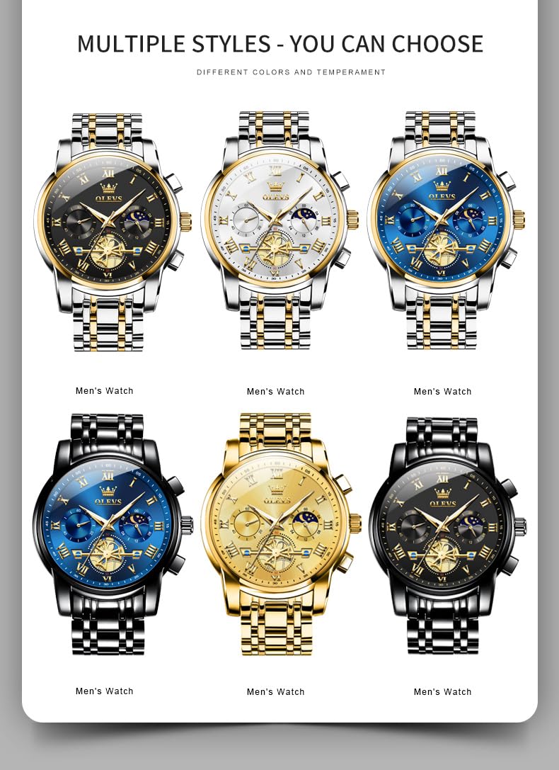 OLEVS Watches Men Waterproof Luxury Big Face Mens Watch Stainless Steel Quartz Analog Dress Watches for Men Luminous Multifunction Man Watch Relojes De Hombre