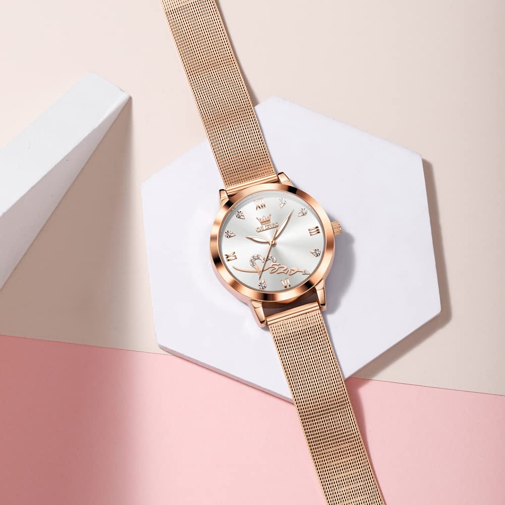 OLEVS Rose Gold Watch for Women Mesh Strap Fashion Dress Hearts Japanese Quartz Waterproof Luminous Ladies Watches Bracelet Sets