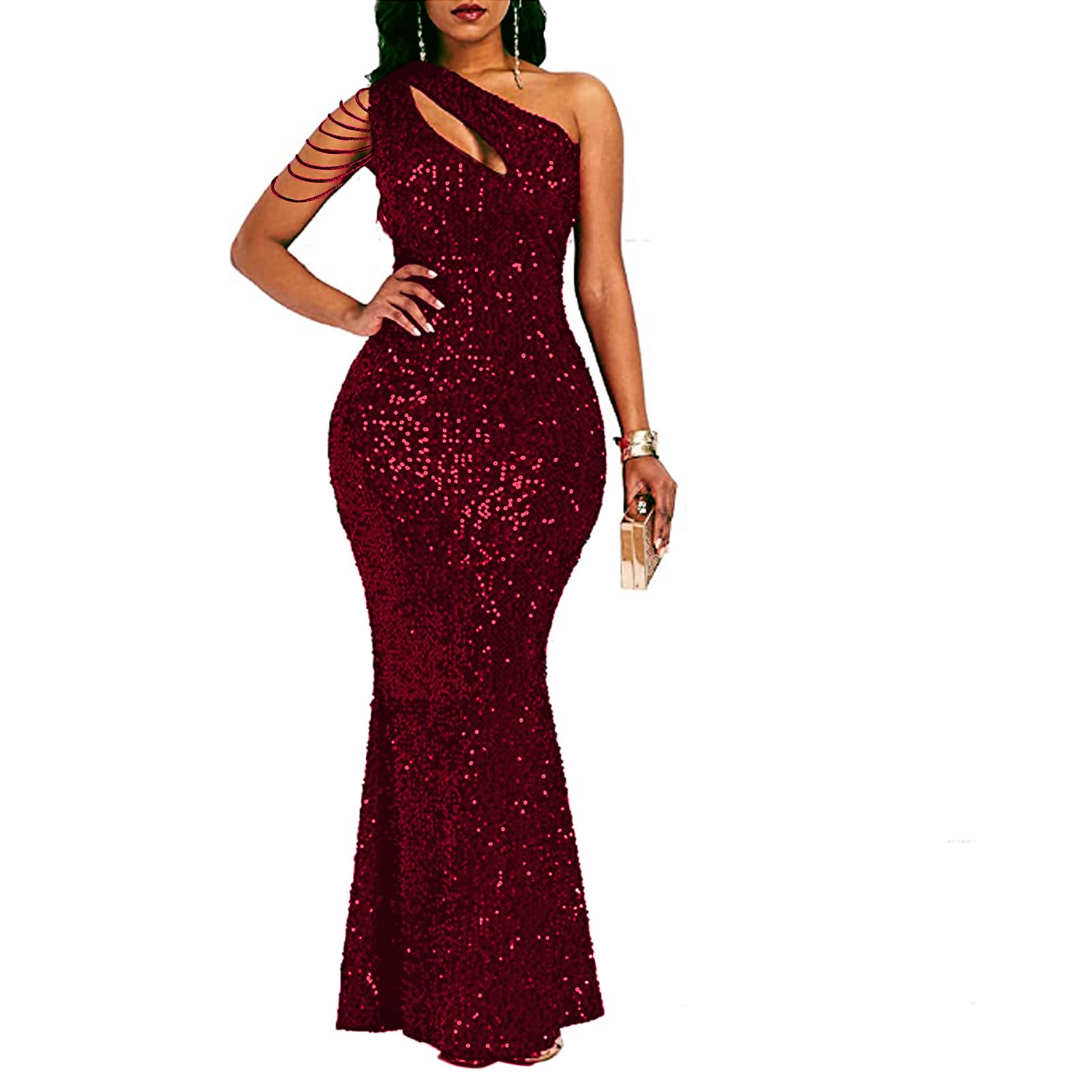 Cololura Women Sequin Elegant Sexy One Shoulder Tassel Mermaid Bodycon Cocktail Evening Dress