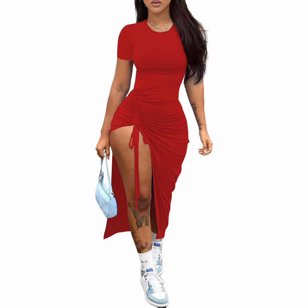 Nimsruc Women Sexy Summer Dresses Short Sleeve Thigh-high Slit Ruched Bodycon Maxi Club Cocktail Party Dress
