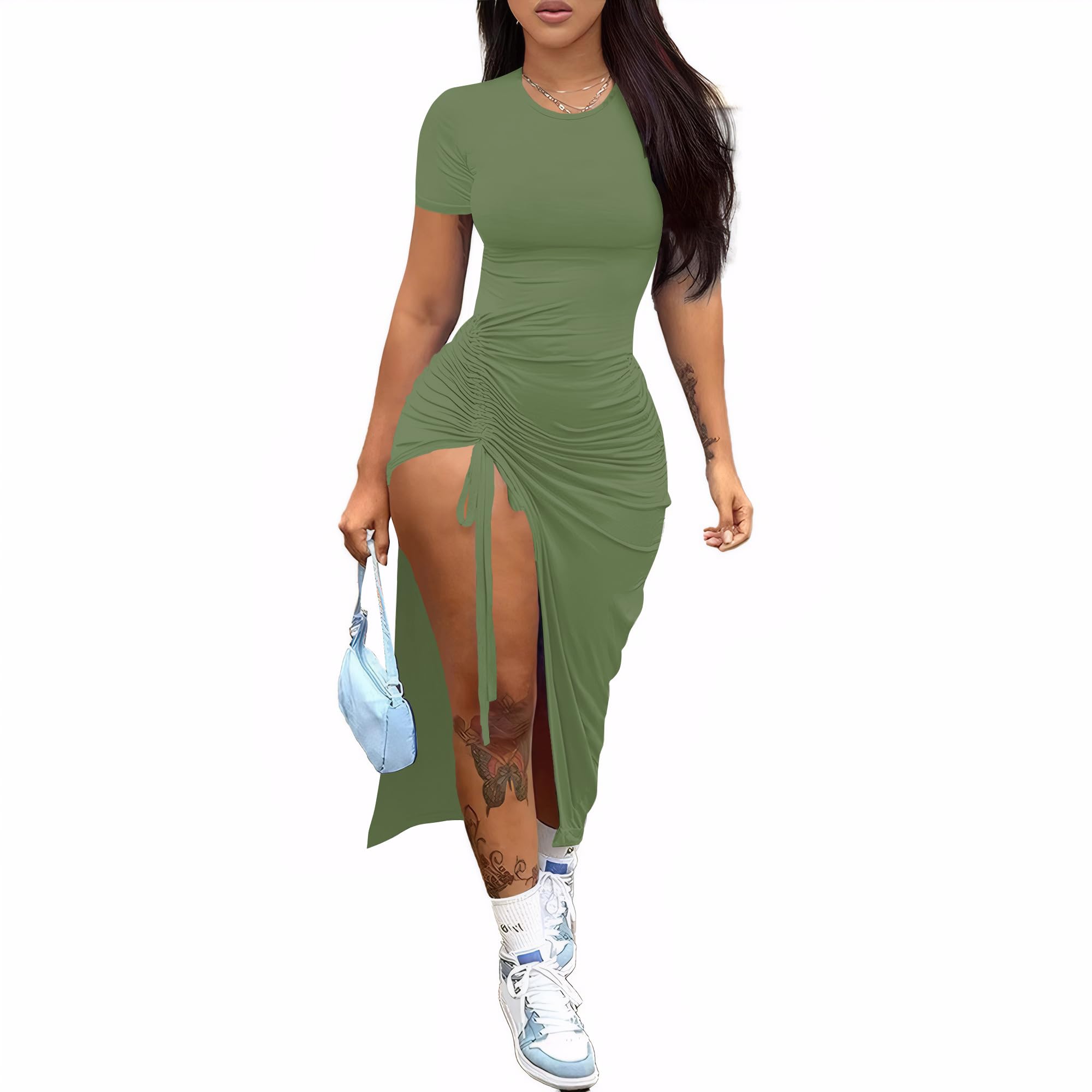 Nimsruc Women Sexy Summer Dresses Short Sleeve Thigh-high Slit Ruched Bodycon Maxi Club Cocktail Party Dress