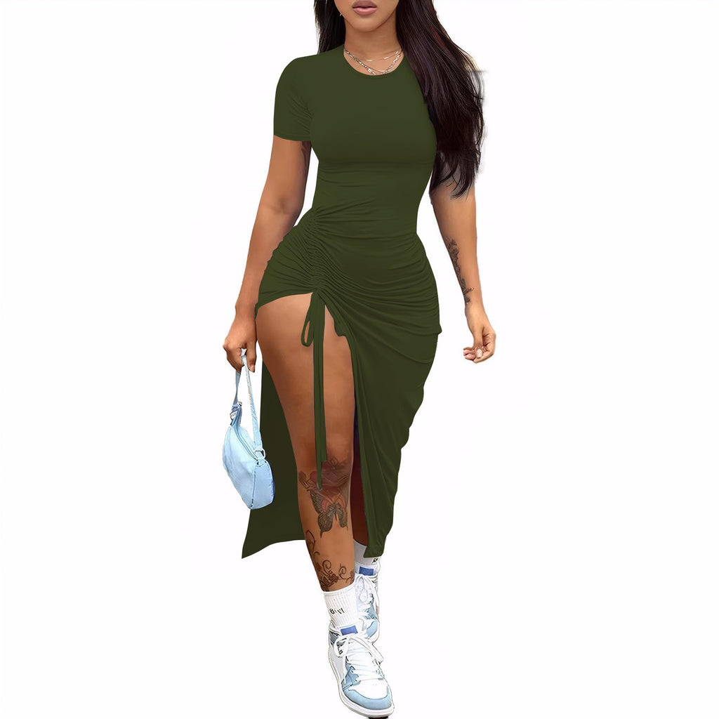 Nimsruc Women Sexy Summer Dresses Short Sleeve Thigh-high Slit Ruched Bodycon Maxi Club Cocktail Party Dress