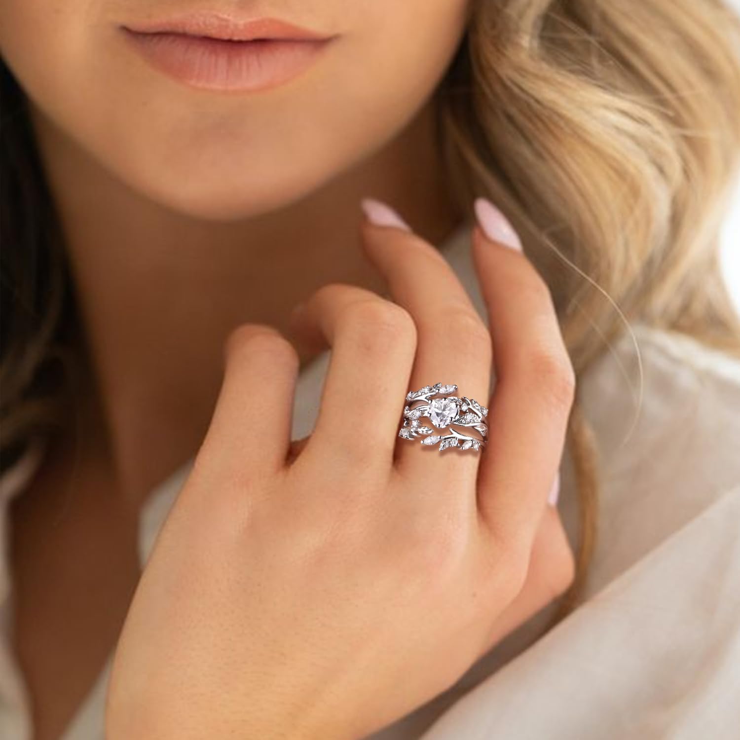 2.0 Carat(ctw) Heart-Cut Moissanite Engagement Rings Sets for Women,925 Sterling Silver Leaves Wedding Rings Sets,Bridal Ring Set for Anniversary Birthday