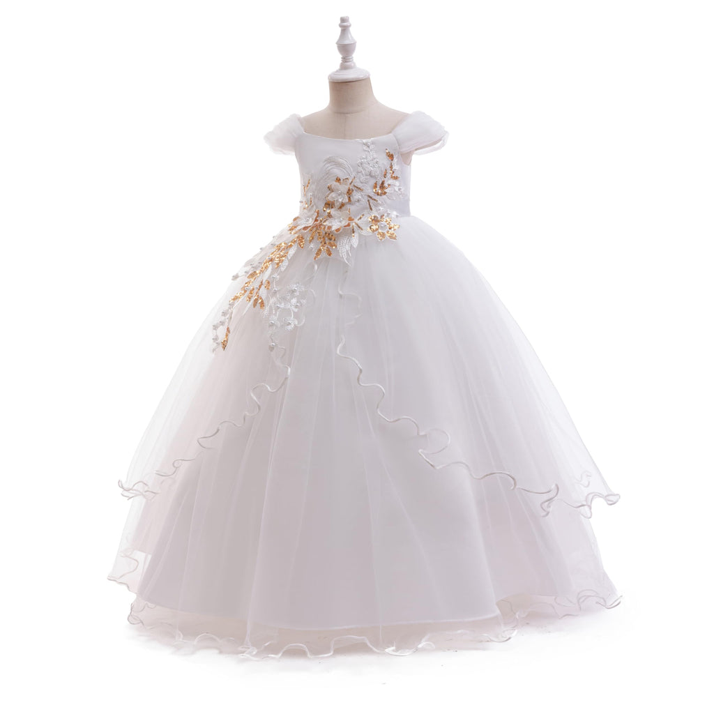 Weileenice Vintage Off the Shoulder Flower Girl Dress Lace Embroidery Little/Big Girls Wedding Bridesmaid Holiday Ballgown