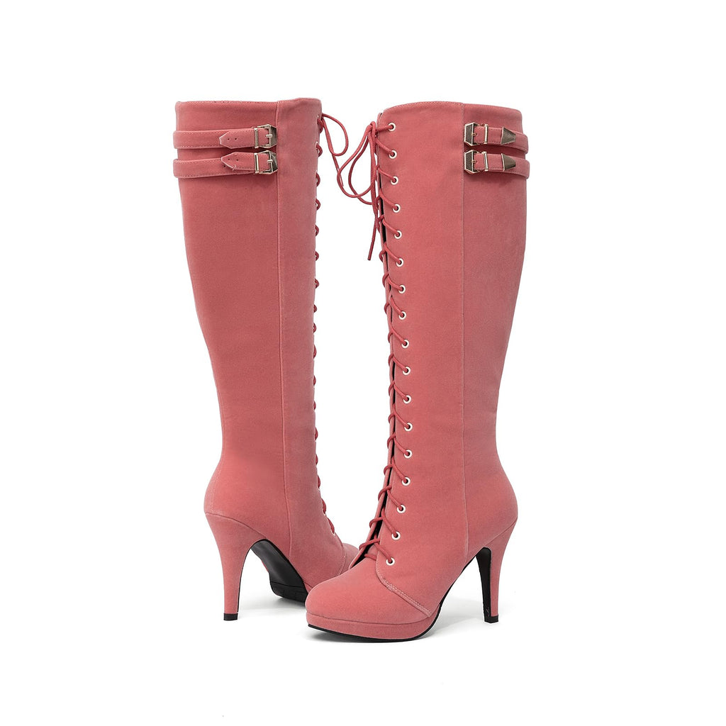 getmorebeauty Womens Knee High Boots Suede Buckle Rock Lace Up Zipped Thigh High Heel Boots