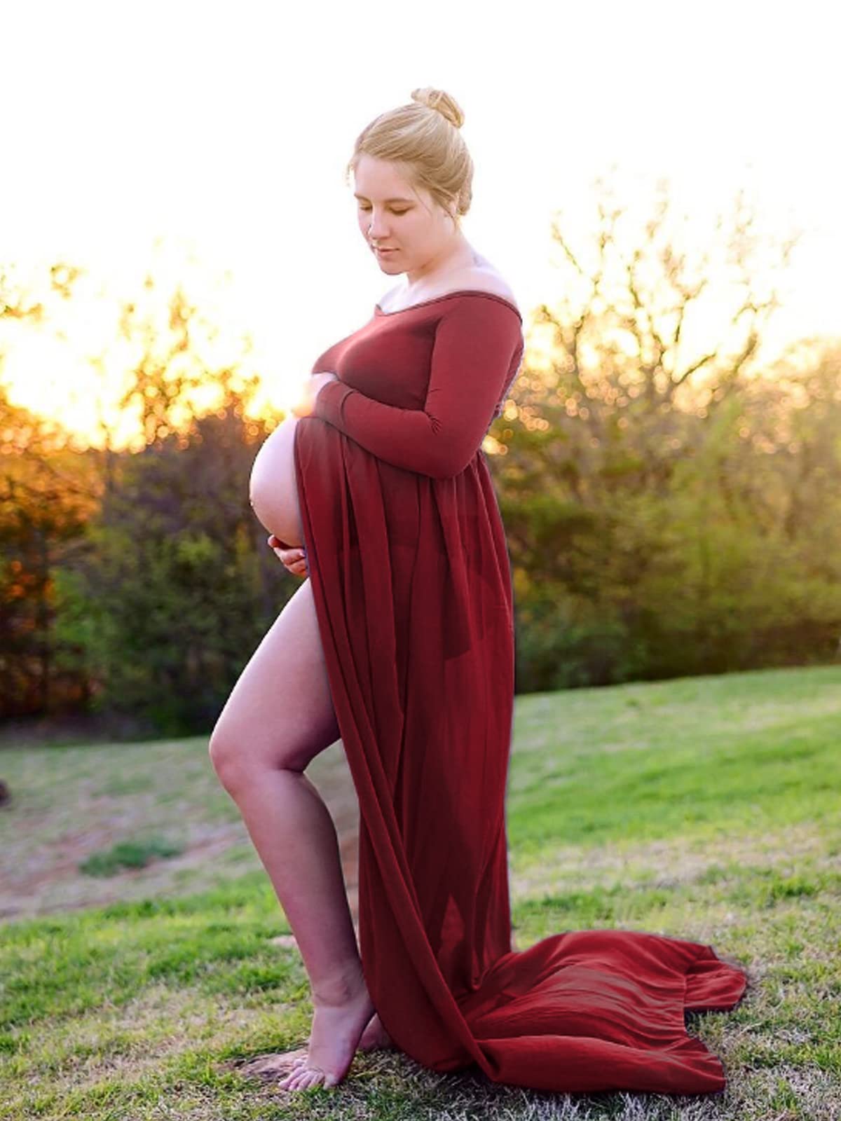 YnimioAOX Women's Off Shoulder Long Sleeve Maternity Dress for Photography Chiffon Maternity Gown for Photoshoot