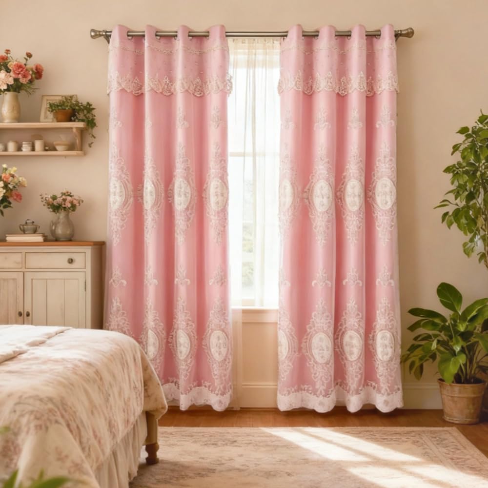 Amidoudou 1 Pair European Double Layer Curtains with Valances for Living Room Bedroom Luxury 3D Flower Embroidered Curtains (Yellow,52x96 Inch)