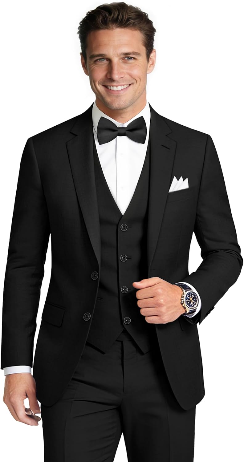 Men's Stretch Slim Fit 6-Piece Suit Set with Blazer, Vest, Pants, Bow Tie, Necktie and Pocket Square