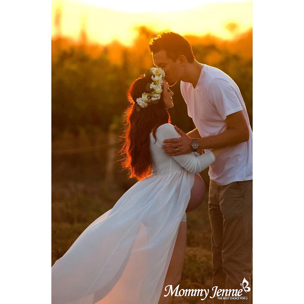 Mommy Jennie Maternity Dress Off Shoulder Long Sleeve Split Front Chiffon Gown for Photoshoot