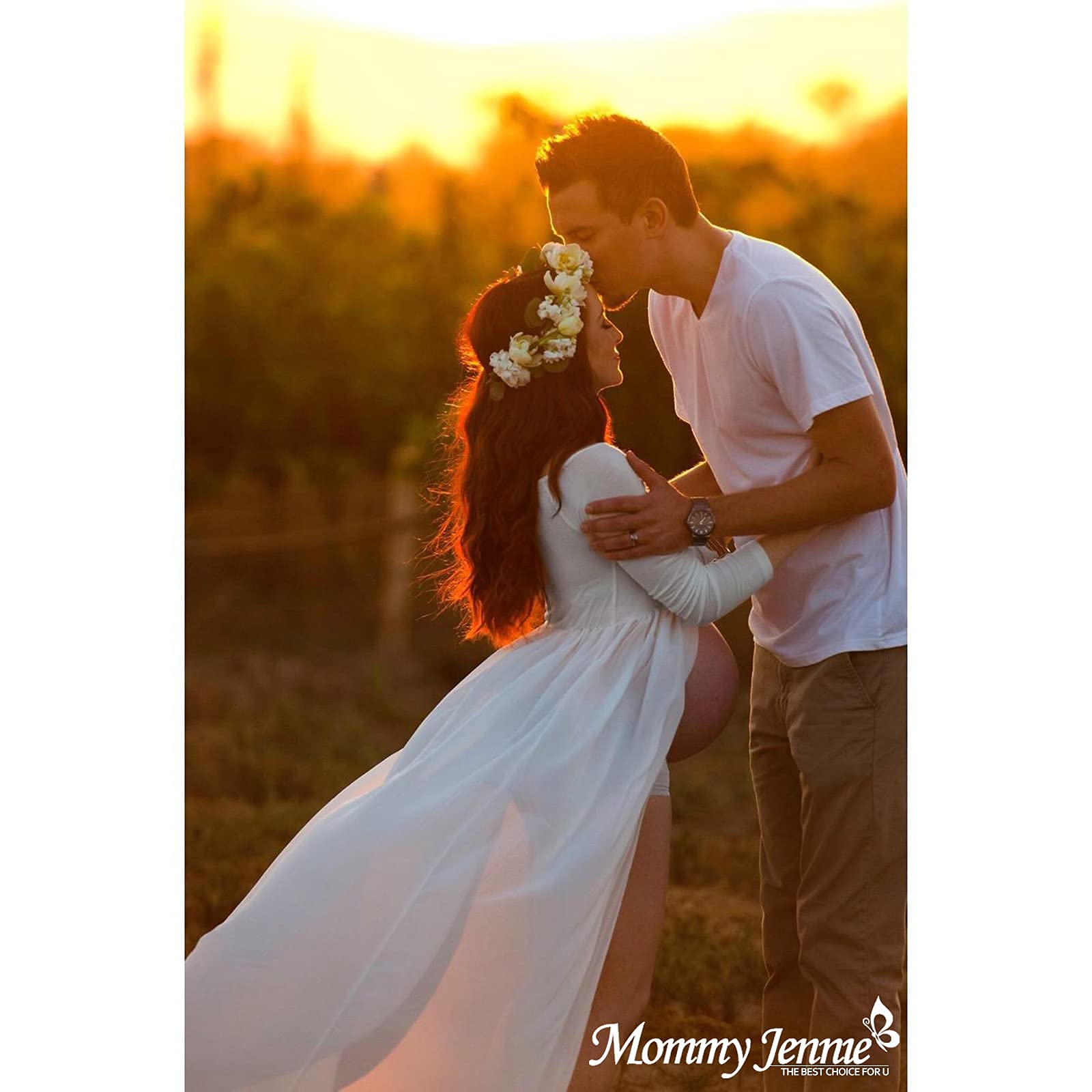 Mommy Jennie Maternity Dress Off Shoulder Long Sleeve Split Front Chiffon Gown for Photoshoot