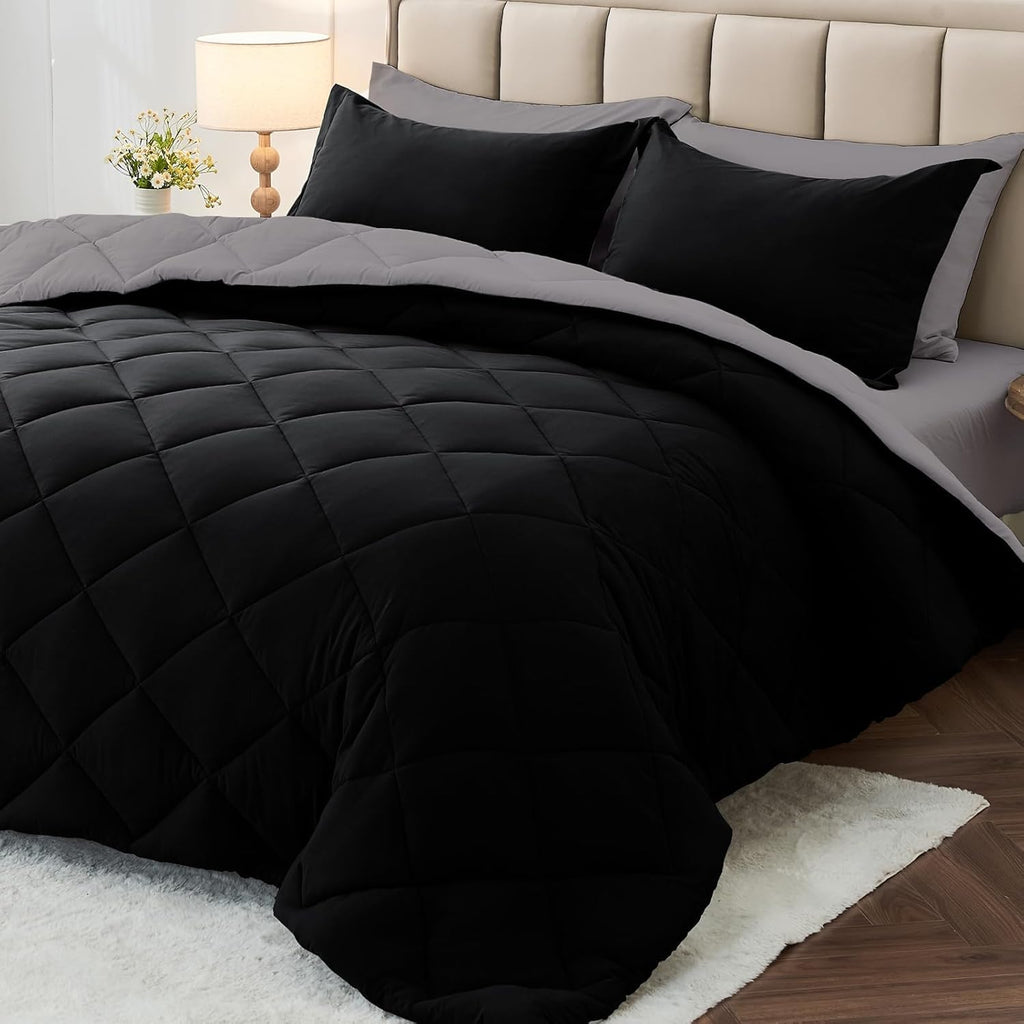 MUXHOMO 7 Pieces King Comforter Set, Reversible Bed in a Bag King Size, All Season Bedding Set with Comforter, Flat Sheet, Fitted Sheet, Pillowcases & Shams, Red & Black