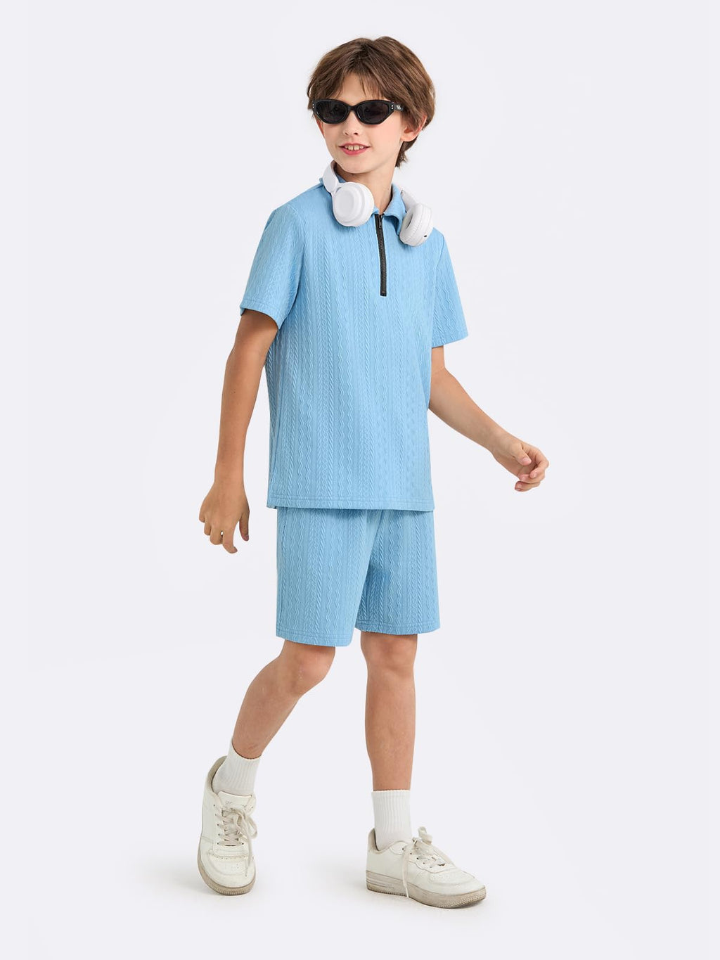 Haloumoning Boys 2 Piece Summer Outfits Kids Quarter Zip Polo Shirt and Shorts Set Athletic Tracksuit 5-14 Years