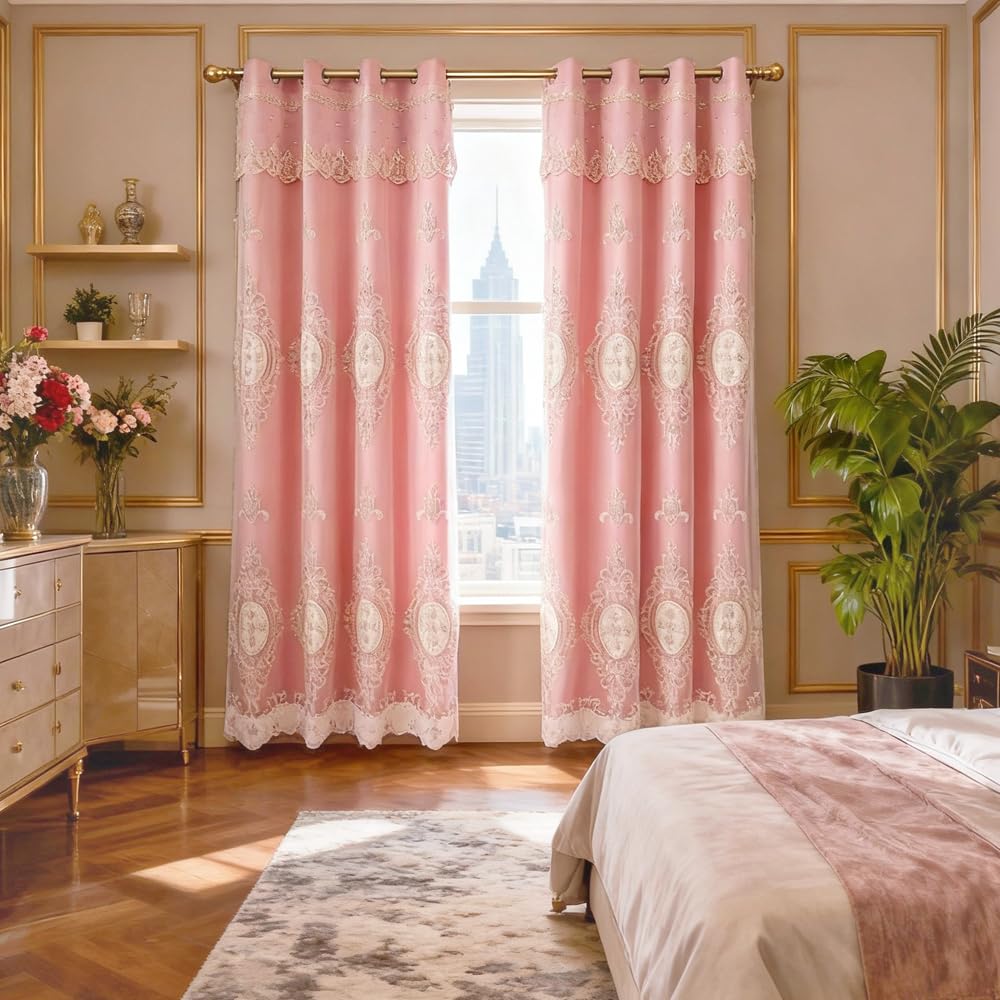 Amidoudou 1 Pair European Double Layer Curtains with Valances for Living Room Bedroom Luxury 3D Flower Embroidered Curtains (Yellow,52x96 Inch)