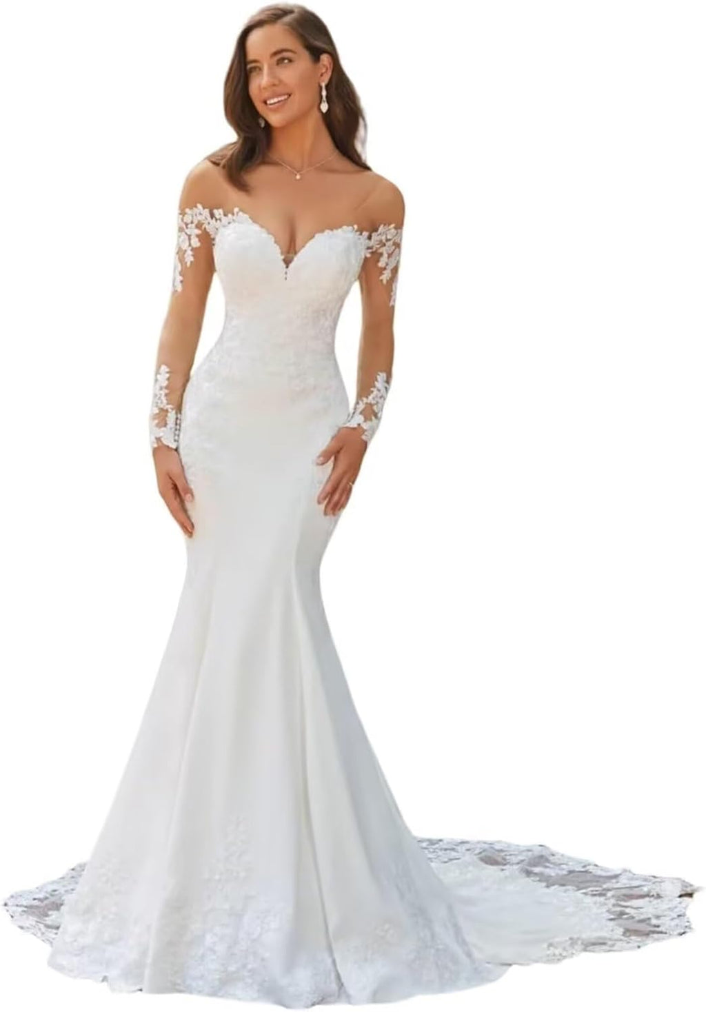 Lace Wedding Dresses for Bride Mermaid V Neck Boho Beach Bridal Gowns with Train BOF30