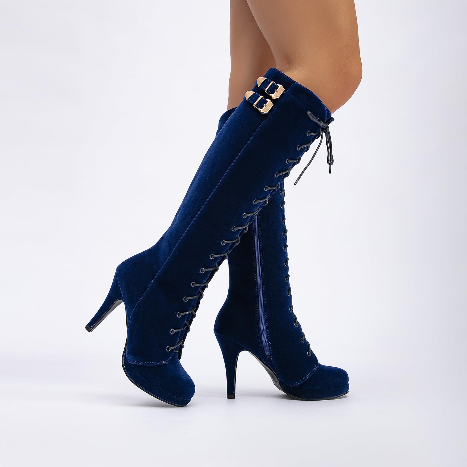 getmorebeauty Womens Knee High Boots Suede Buckle Rock Lace Up Zipped Thigh High Heel Boots