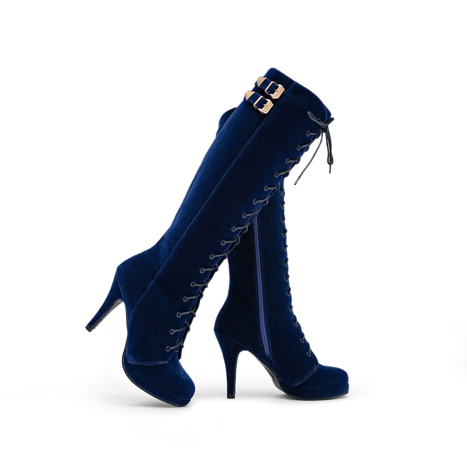 getmorebeauty Womens Knee High Boots Suede Buckle Rock Lace Up Zipped Thigh High Heel Boots