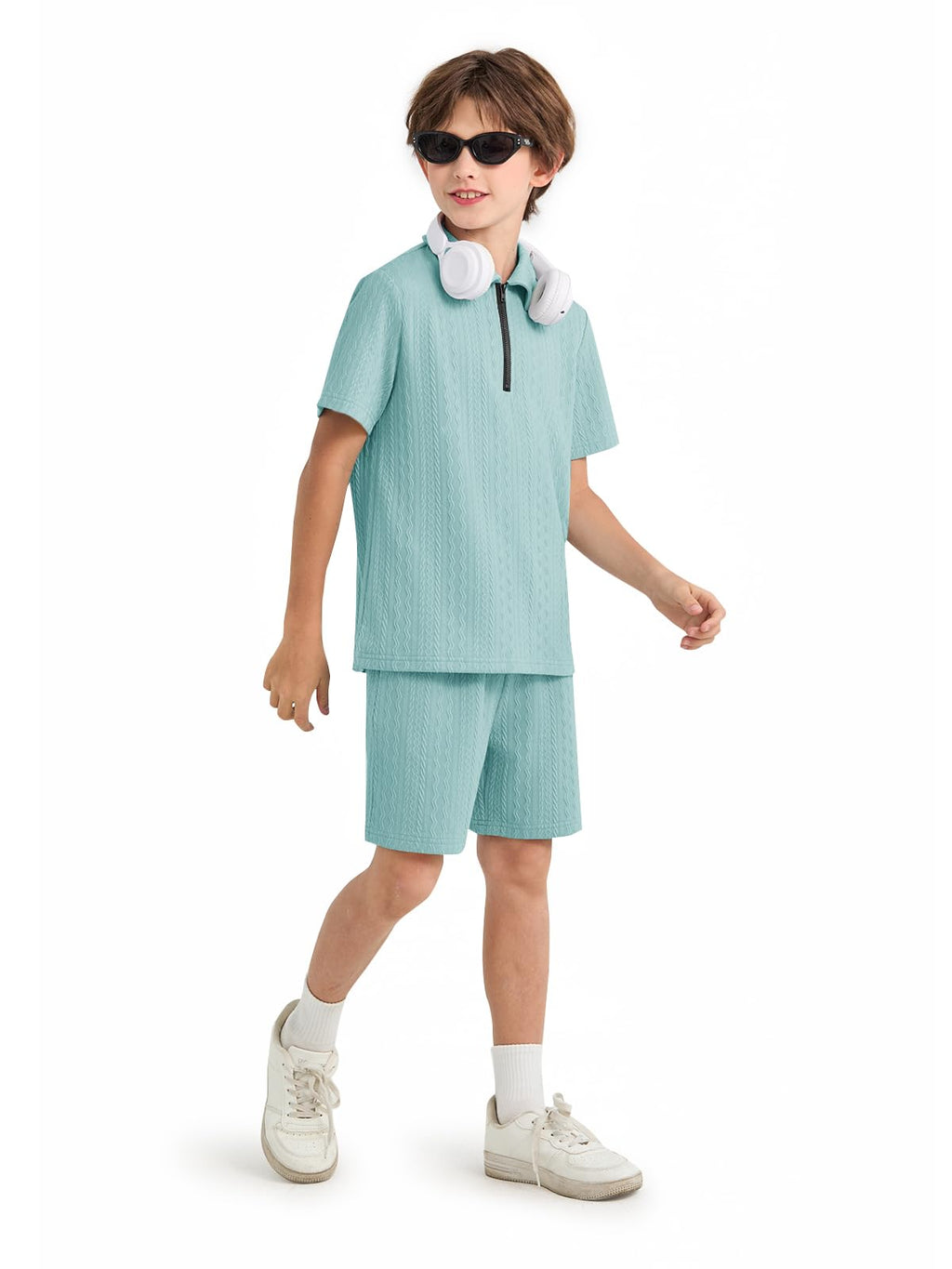 Haloumoning Boys 2 Piece Summer Outfits Kids Quarter Zip Polo Shirt and Shorts Set Athletic Tracksuit 5-14 Years