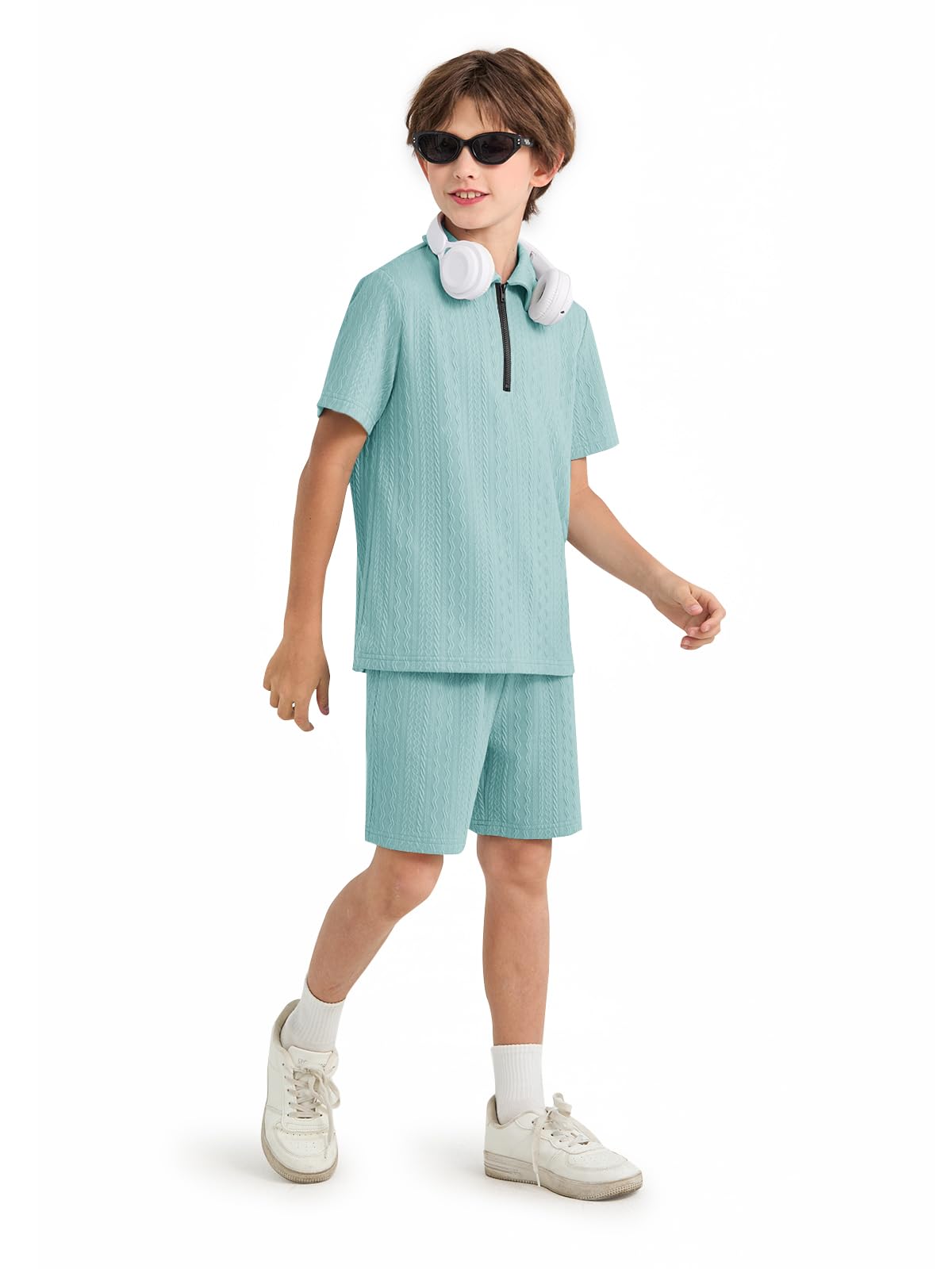 Haloumoning Boys 2 Piece Summer Outfits Kids Quarter Zip Polo Shirt and Shorts Set Athletic Tracksuit 5-14 Years