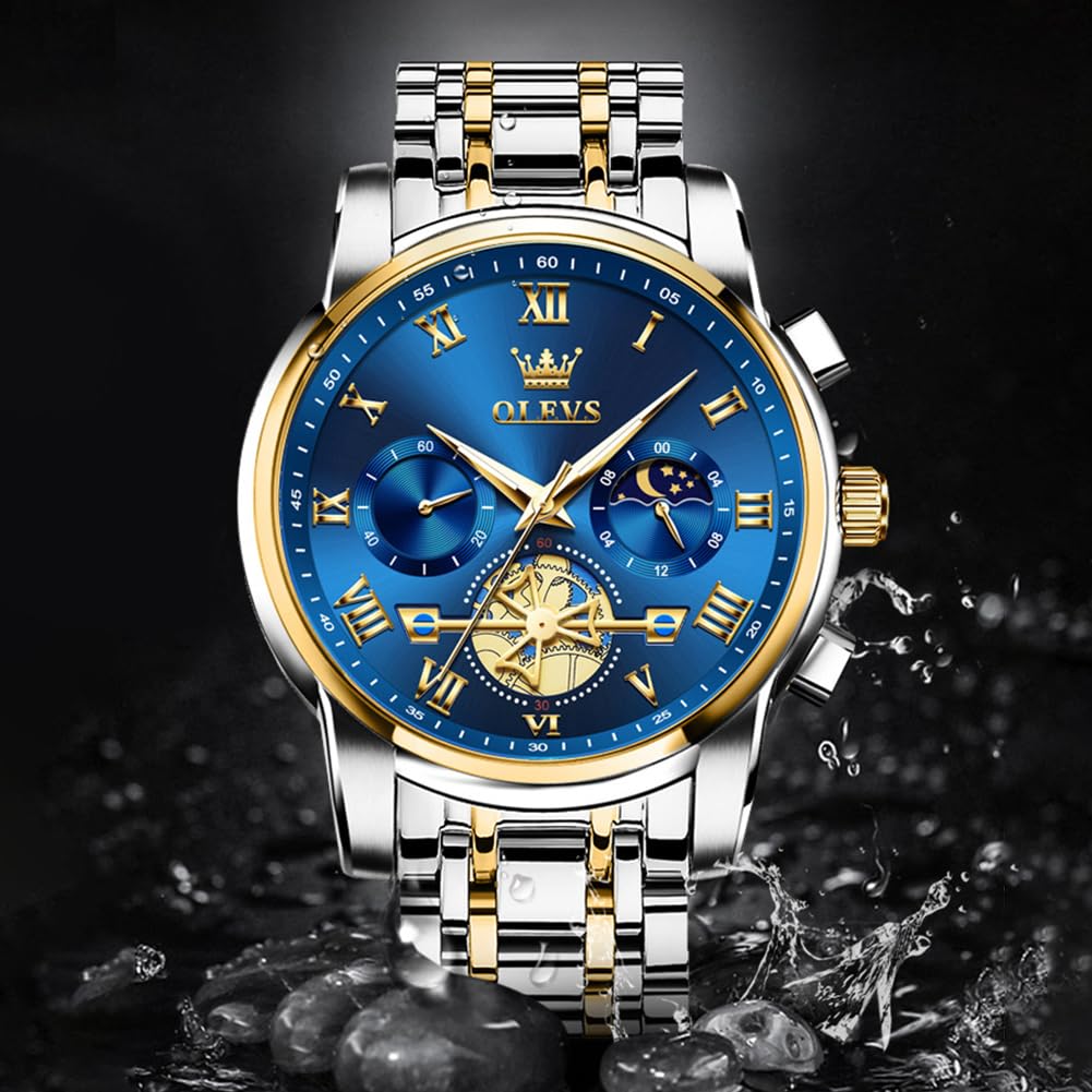 OLEVS Watches Men Waterproof Luxury Big Face Mens Watch Stainless Steel Quartz Analog Dress Watches for Men Luminous Multifunction Man Watch Relojes De Hombre