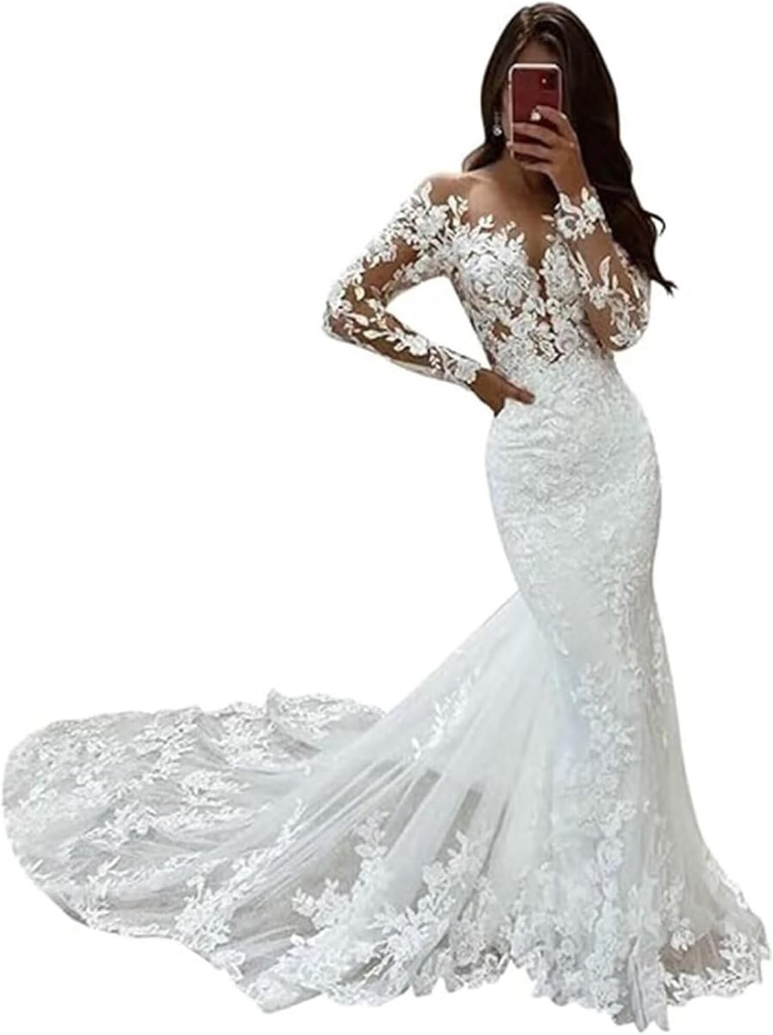 Lace Wedding Dresses for Bride Mermaid V Neck Boho Beach Bridal Gowns with Train BOF30