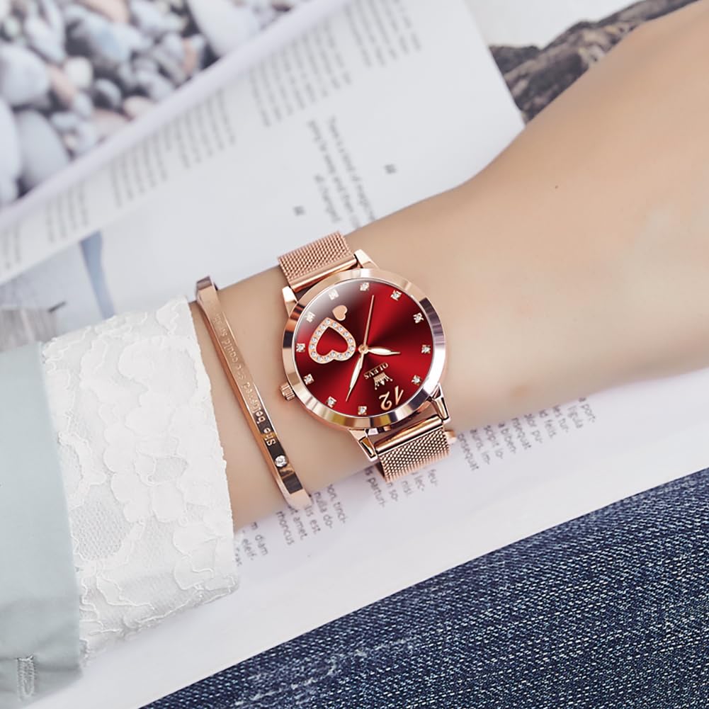 OLEVS Rose Gold Watch for Women Mesh Strap Fashion Dress Hearts Japanese Quartz Waterproof Luminous Ladies Watches Bracelet Sets