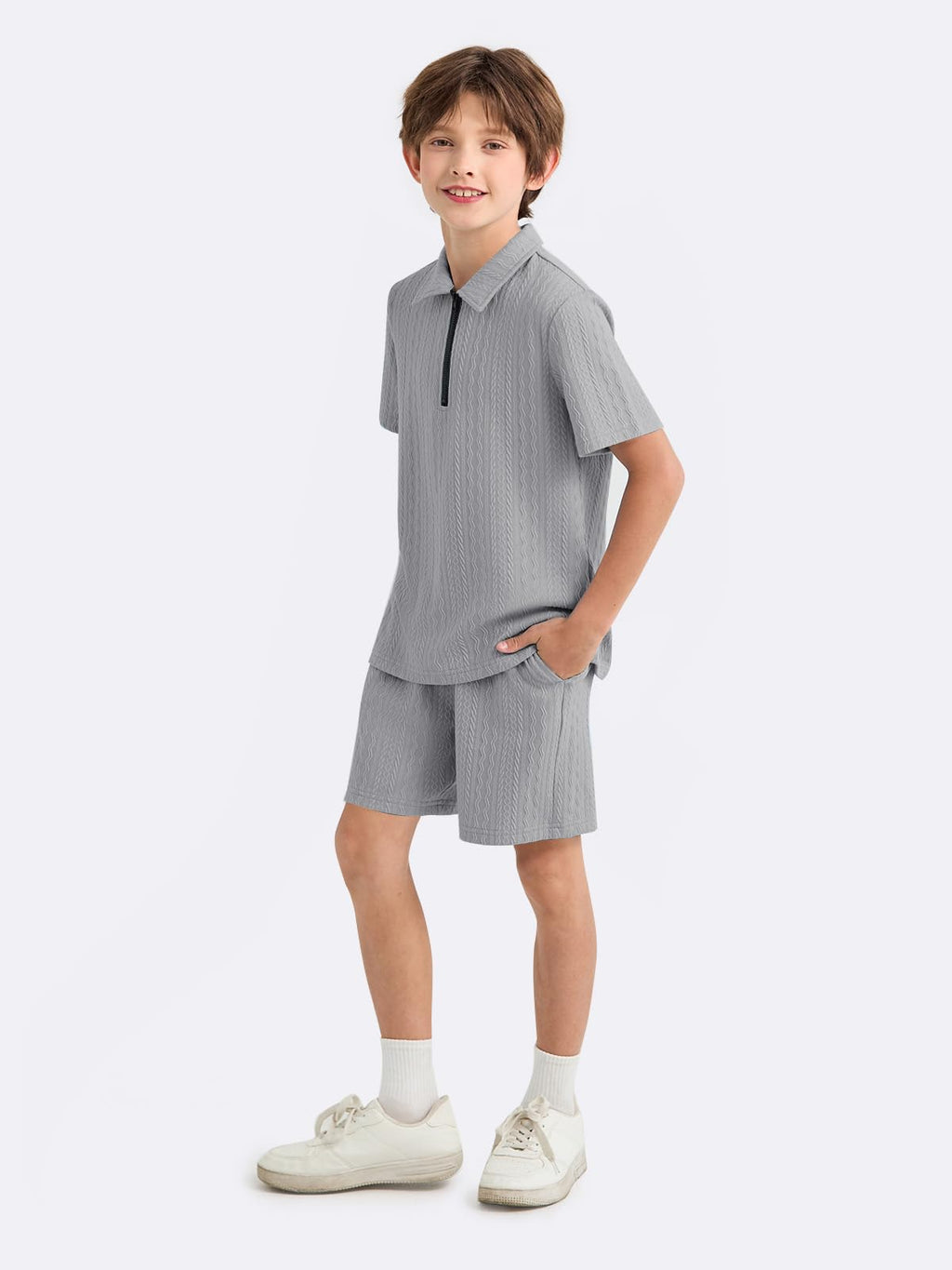 Haloumoning Boys 2 Piece Summer Outfits Kids Quarter Zip Polo Shirt and Shorts Set Athletic Tracksuit 5-14 Years