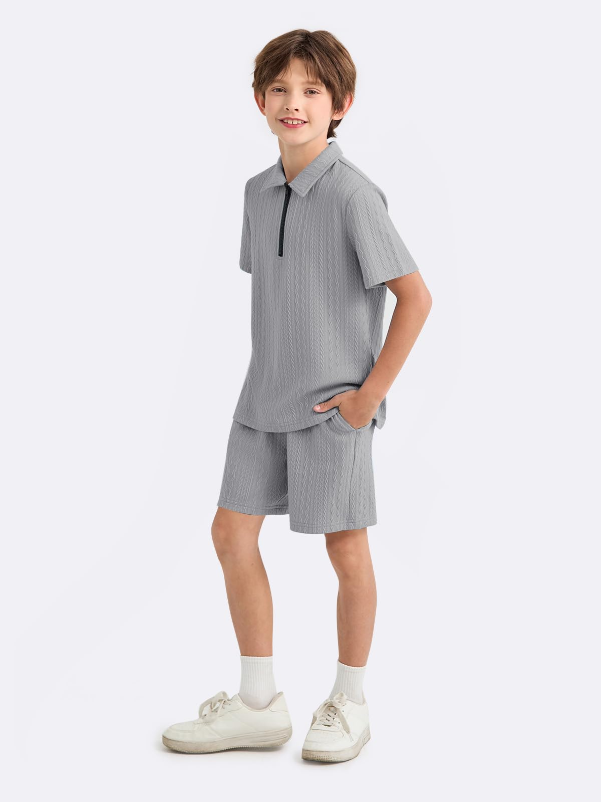 Haloumoning Boys 2 Piece Summer Outfits Kids Quarter Zip Polo Shirt and Shorts Set Athletic Tracksuit 5-14 Years