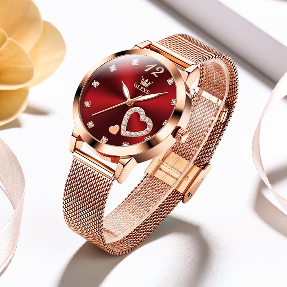 OLEVS Rose Gold Watch for Women Mesh Strap Fashion Dress Hearts Japanese Quartz Waterproof Luminous Ladies Watches Bracelet Sets