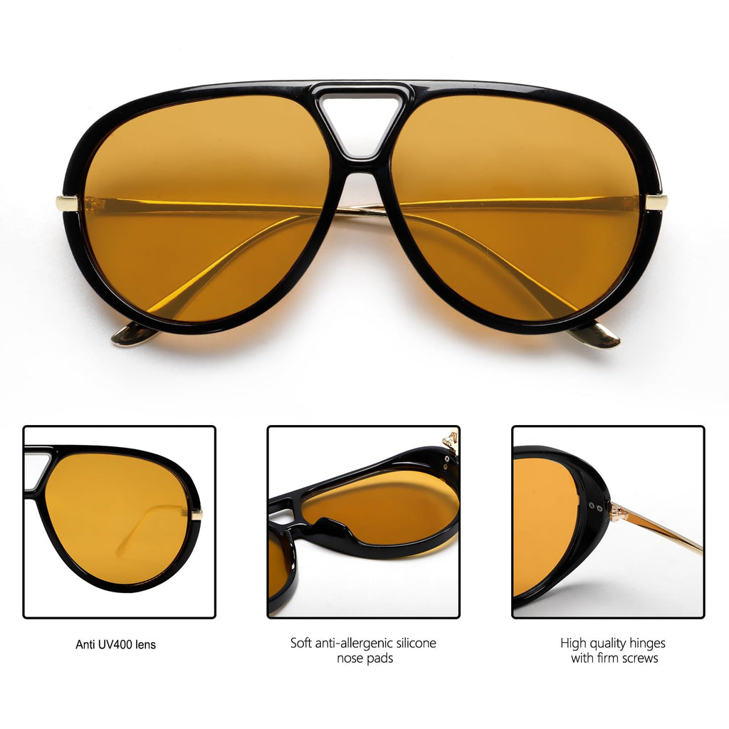 GUVIVI Retro Gold Aviator Sunglasses for Women Men, 2026 Metal Oversized 70s Aviators Black Vacation Beach Sun Glasses
